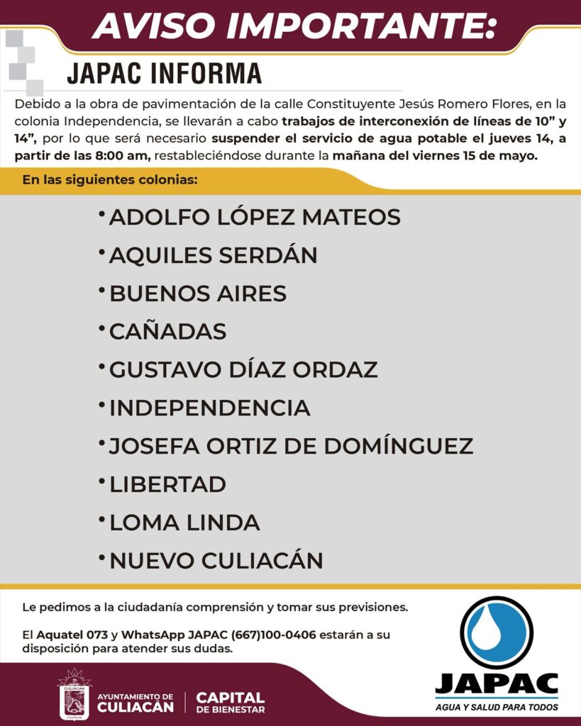 Se suspenderá el agua en 10 colonias de Culiacán el próximo jueves; consúltalas aquí