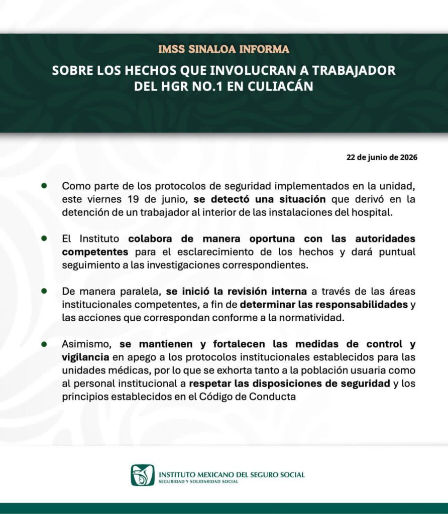 Confirma IMSS detención de enfermero por robo de medicamento en Culiacán; inician revisión y medidas de control interno