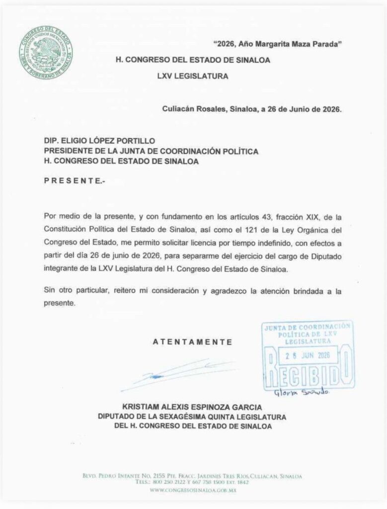 Continúan los movimientos en el Congreso de Sinaloa; Kristiam Alexis Espinoza solicita licencia indefinida
