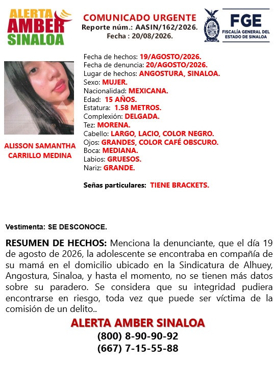 FGE lanza Alerta Amber para los integrantes de una familia de Guamúchil desaparecida cuando se dirigían a Mazatlán