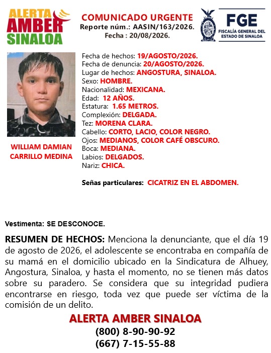 FGE lanza Alerta Amber para los integrantes de una familia de Guamúchil desaparecida cuando se dirigían a Mazatlán