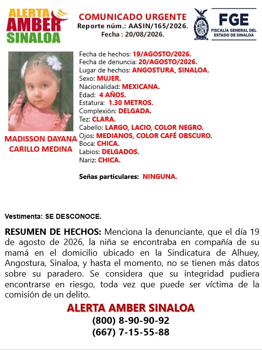 FGE lanza Alerta Amber para los integrantes de una familia de Guamúchil desaparecida cuando se dirigían a Mazatlán