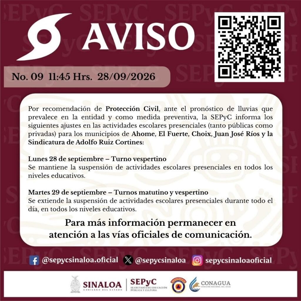 Suspenden clases este martes en cinco municipios del norte de Sinaloa por el huracán Polo