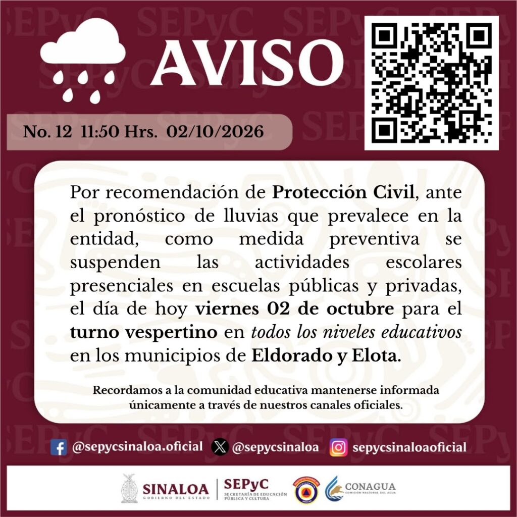 Suspende SEPyC clases presenciales en Eldorado y Elota, hoy viernes para el turno vespertino por lluvias