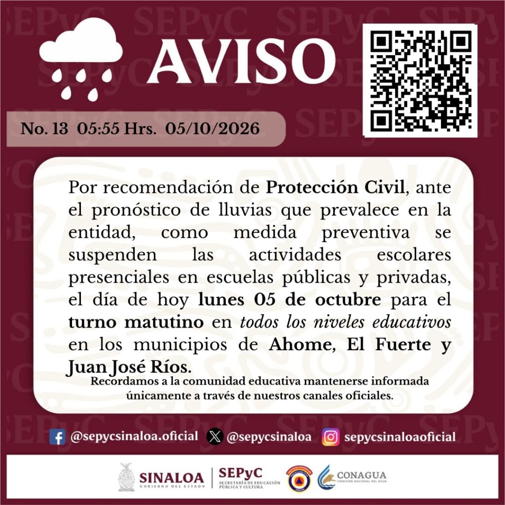 Suspenden clases en Ahome, El Fuerte y Juan José Ríos por intensas lluvias