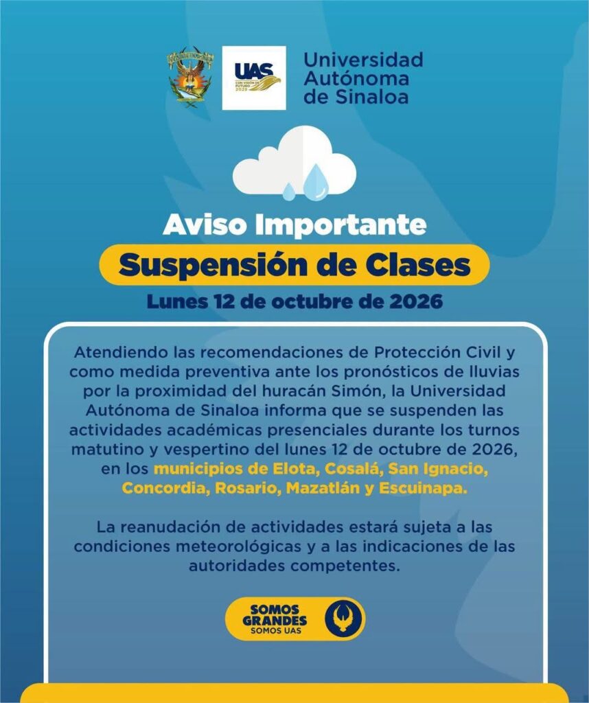 También la UAS suspende clases este lunes en el sur de Sinaloa por el huracán Simón
